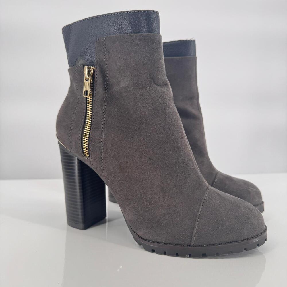 Juicy Couture Livia Charcoal Brown Gold Zipper Ankle Heeled Boots Sz 7.5M 90s